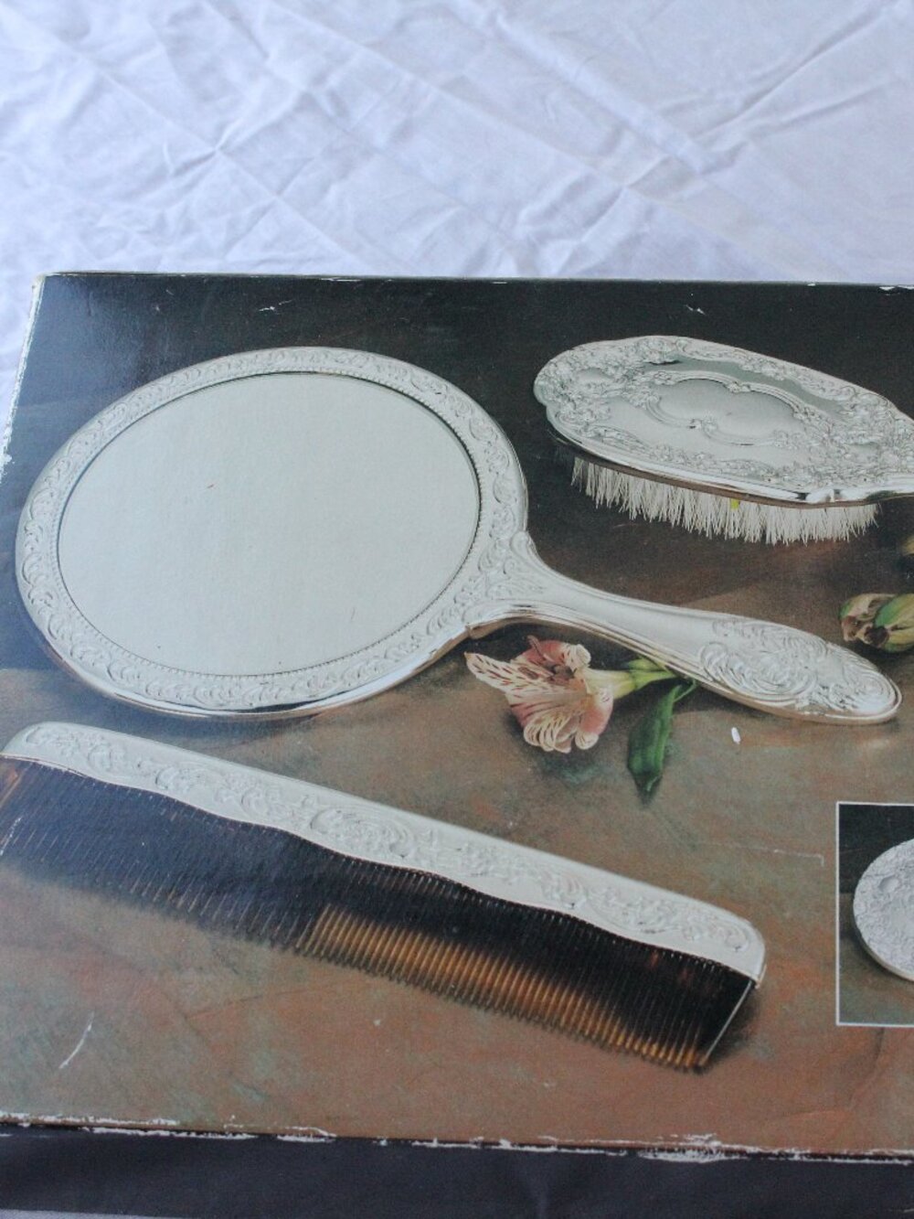 Silver Plated 3 Piece Dresser Vanity Set Hong Kong No.806 1980s Brush Mirror